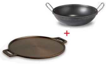 Cast iron double handle dosa tawa 12 inch + iron round kadai - steel handle (2h) - 8 inch